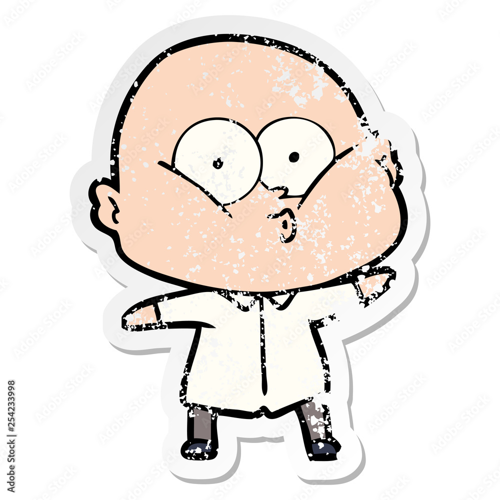 distressed sticker of a cartoon bald man staring distressed sticker of a cartoon bald man staring