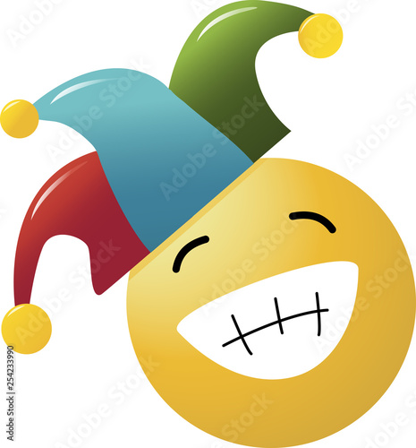 Emoji laughing expression with eyes closed. Cute Very Happy Emoticon on White Background with foolscap photo