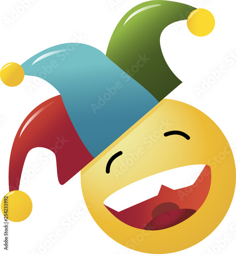 Emoji laughing expression with eyes closed. Cute Very Happy Emoticon on White Background with foolscap