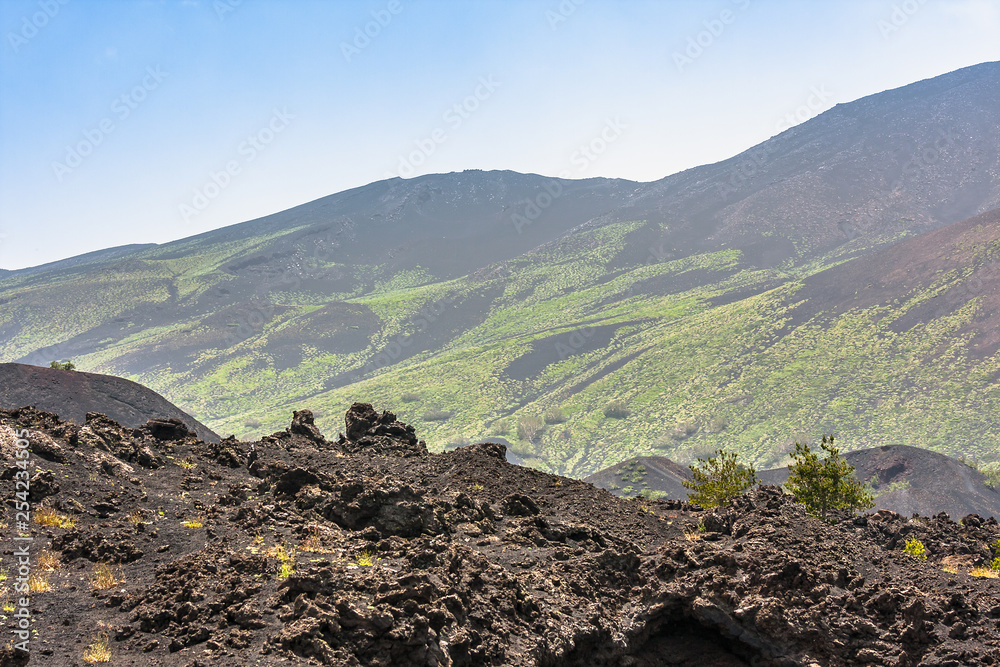 Landscape of Mount Etna, an active volcano on the east coast of Sicily, close to Messina and Catania.