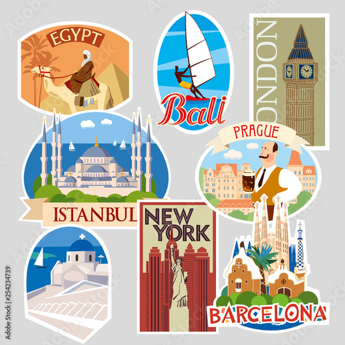 Set of travel stickers and cards. Different countries and cities. Vector illustration