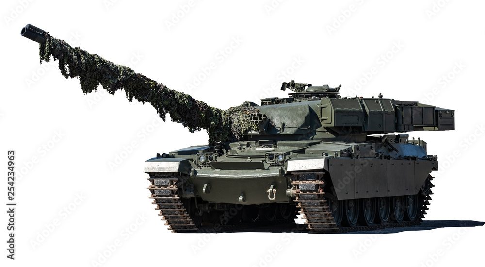 Tank isolated on white. Modern army armoured military main battle tank in camouflage isolated on white background