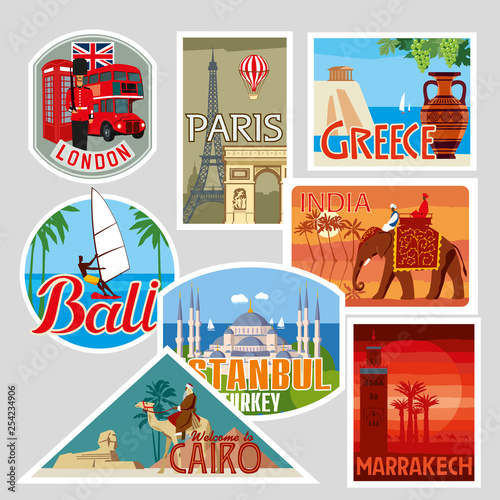Set of various travel labels. World cities. Vector illustration