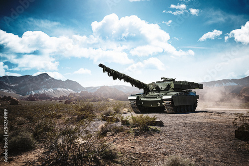 Modern army military main battle tank on a war battlefield