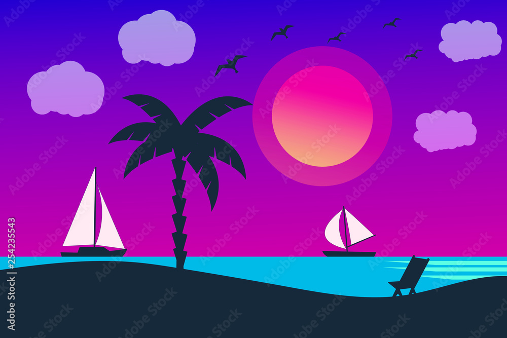 Sea panorama. Tropical beach. Summer landscape. Traval vacation and holidays concept. Vector background