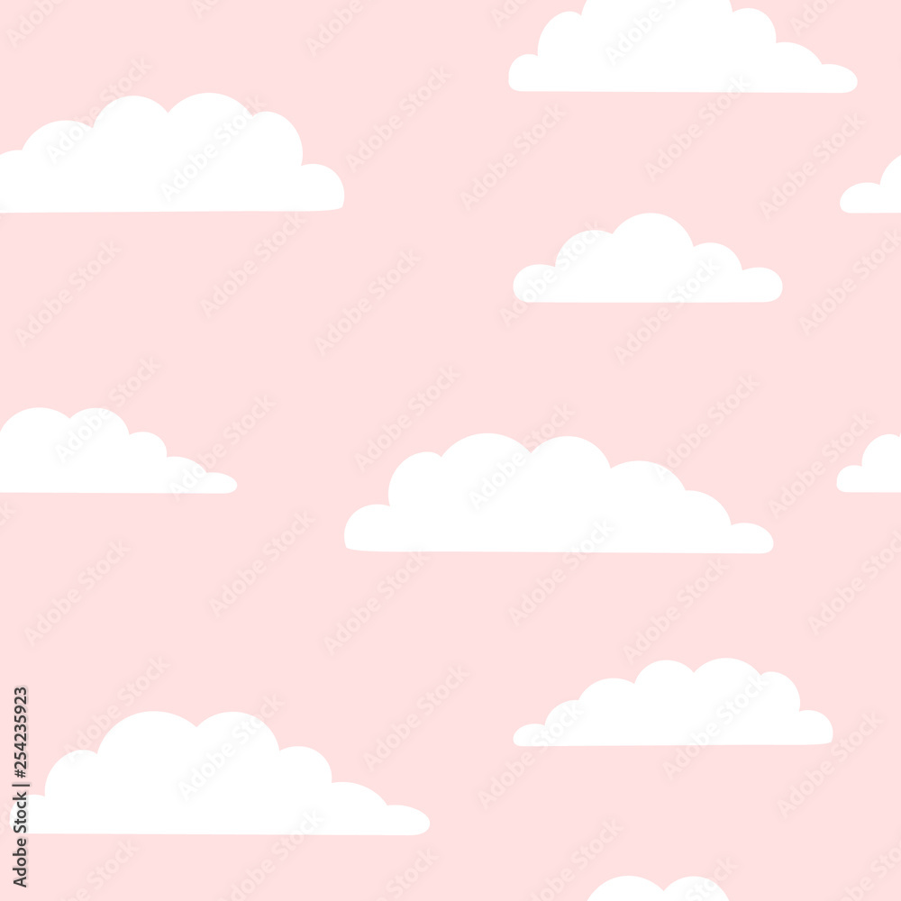 Cute seamless vector pattern. Clouds on pink background