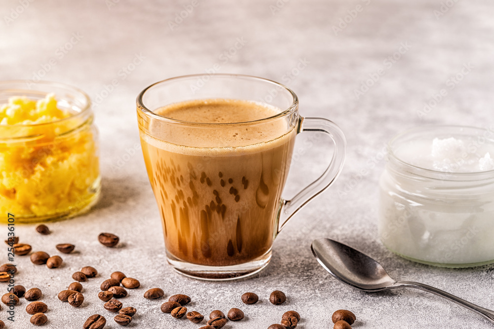 Coffee blended with ghee butter and MCT coconut oil. Coffee blended with ghee butter and MCT coconut oil.