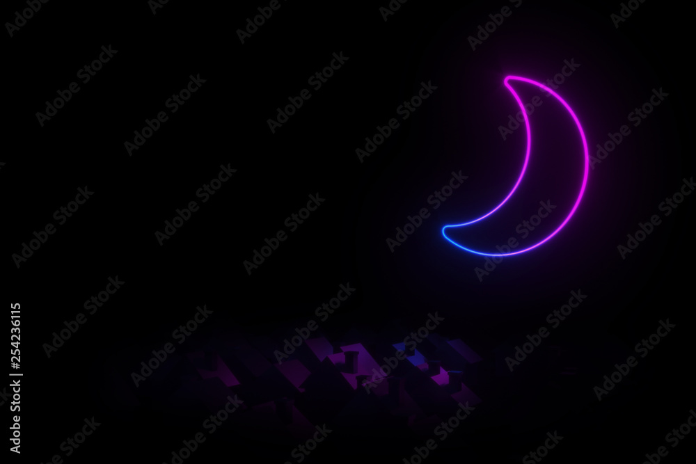 Silhouettes of small village houses with pitched roofs illuminated by neon moon 3D illustration