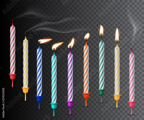 Birthday candles realistic vector illustration on dark transparent background