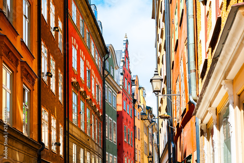 Canvas Print Beautiful street with colorful buildings in Old Town, Stockholm, Sweden