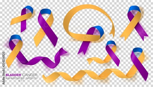 Bladder Cancer Awareness Month. Marigold And Blue And Purple Color Ribbon Isolated On Transparent Background. Vector Design Template For Poster.