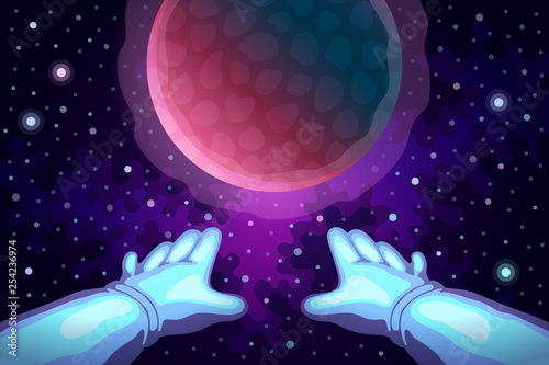 Astronaut's hands and planet ahead