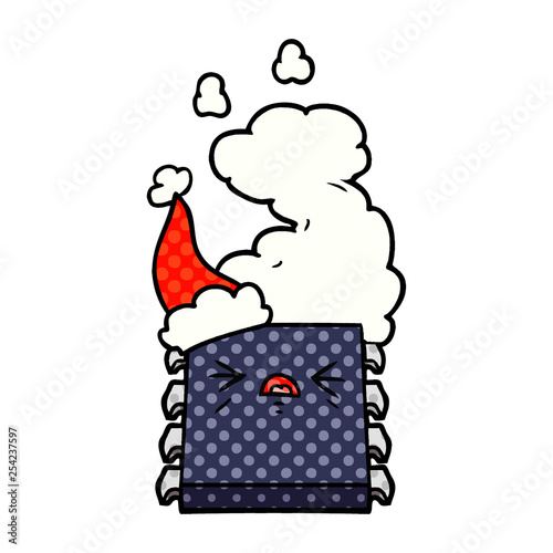 comic book style illustration of a overheating computer chip wearing santa hat