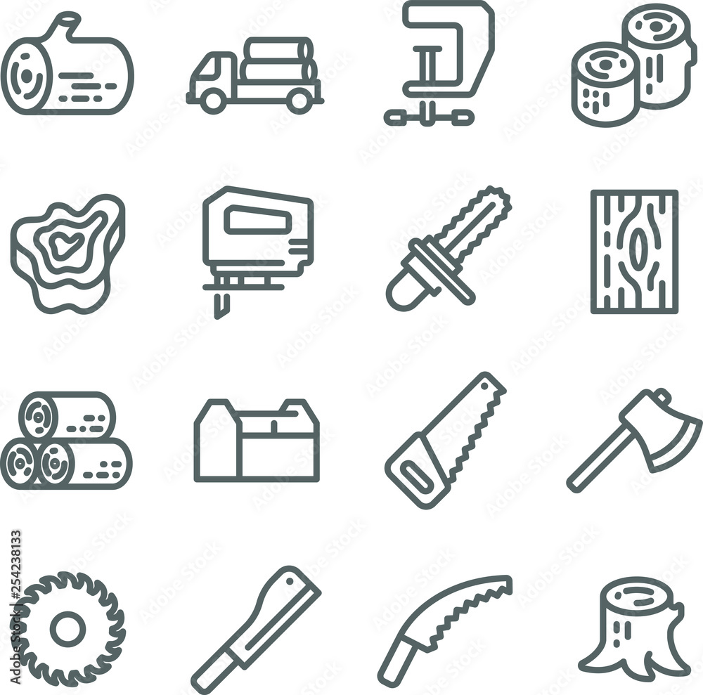 Wooden Icon Set. Contains such Icons as Chainsaw, Log, Axe and more. Expanded Stroke