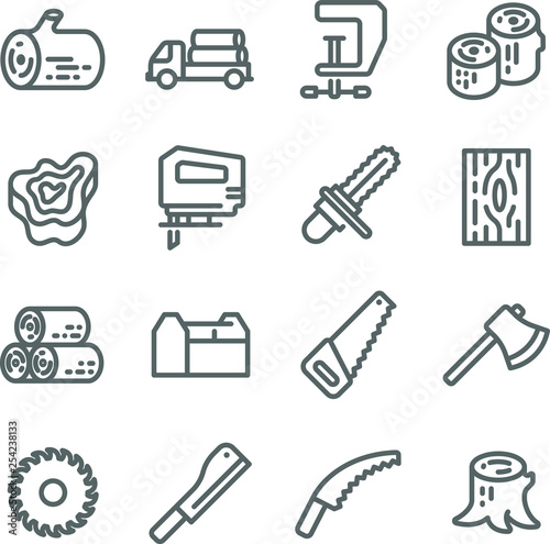 Wooden Icon Set. Contains such Icons as Chainsaw, Log, Axe and more. Expanded Stroke