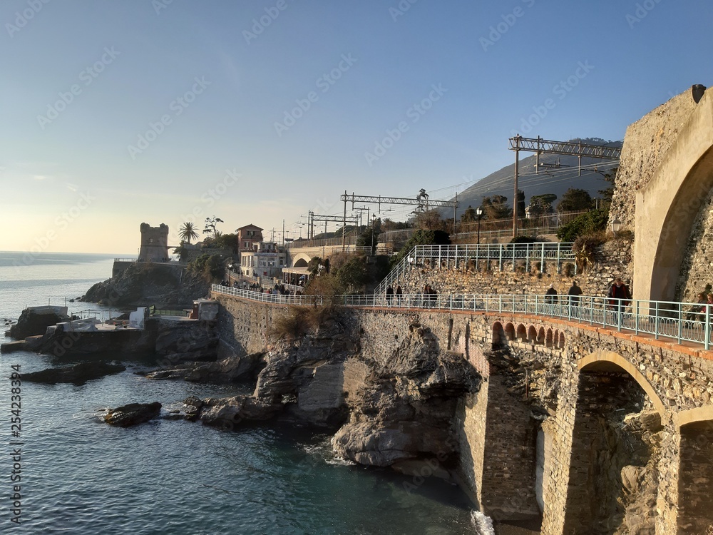 Genova, Italy - 02/25/2019: An amazing caption of the seaside and the sunset over the sea in winter days with beautiful blue and red background and some trees in Liguria 