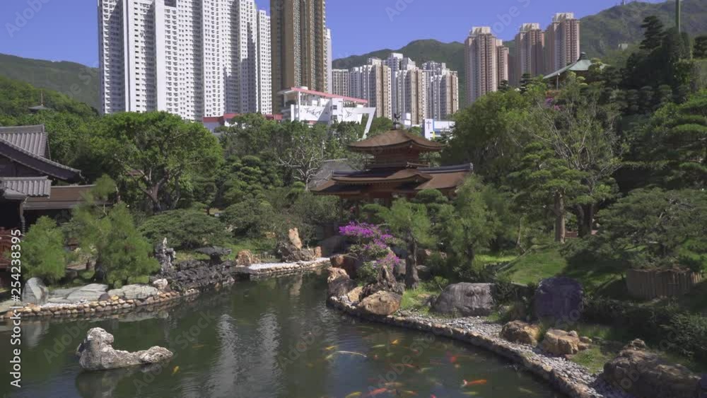 Traditional chinese garden. Nan Lian garden, entrance to Chi Lin temple. Gimbal shot - October 2018: Hong Kong, China