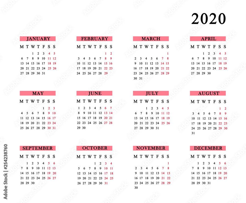 Calendar for 2020 on white background. Calendar for 2020 on white background.