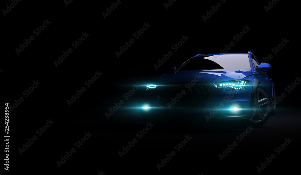 Stylish car on a black background with led lights on. Futuristic modern vehicle head light xenon on dark. 3d render - obrazy, fototapety, plakaty 