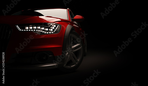 Stylish car on a black background with led lights on. Futuristic modern vehicle head light xenon on dark. 3d render photo