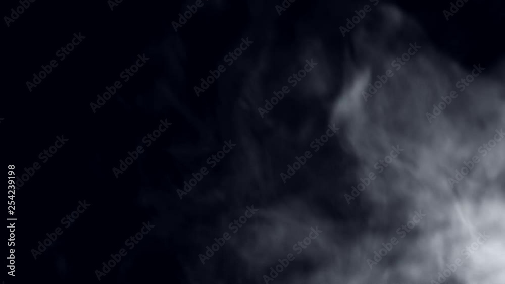 Smoky fog clouds on black background slowly blowing from the right side from bottom to top. White steam rises light, graceful twists on a black background. White smoke effect. Smoky fog clouds on black background slowly blowing from the right side from bottom to top. White steam rises light, graceful twists on a black background. White smoke effect.