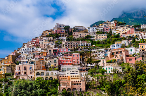 View of colorful buildings in the town of Positano at Amalfi Coast, Italy.