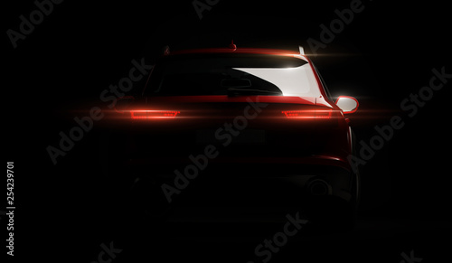 Stylish car on a black background with led lights on. Futuristic modern vehicle head light xenon on dark. 3d render