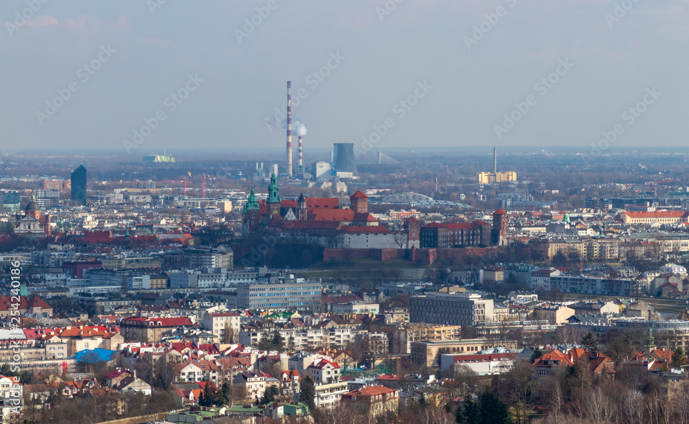 Wawel on the background of the heat and power plant, Krakow, Poland