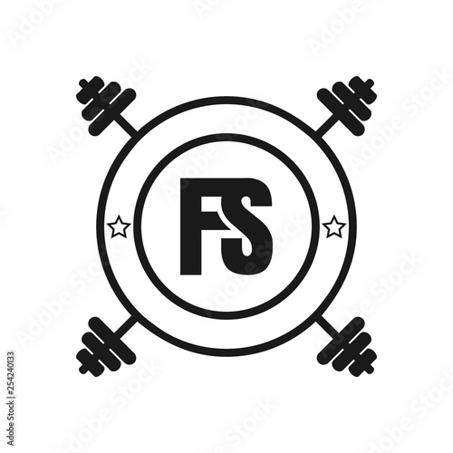 circular logo with barbell illustrations and letters f and s