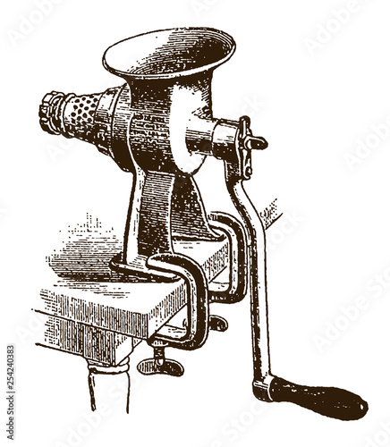 Historical mechanical meat cutter or grinder machine (after an engraving or etching from the 19th century)
