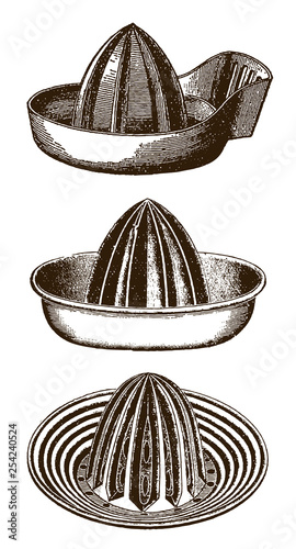 Collection of three historical juice extractors or squeezers (after an etching or engraving from the 19th century)