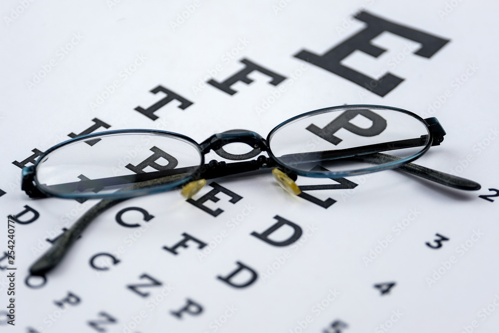 Glasses on snellen eye chart background Glasses on snellen eye chart background