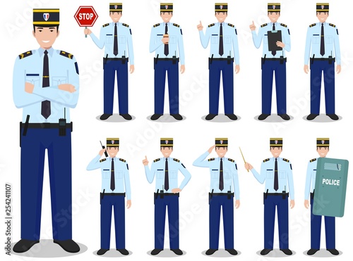 Police people concept. Detailed illustration of french policeman in traditional uniform standing in different poses in flat style isolated on white background. Flat design people characters. Vector photo