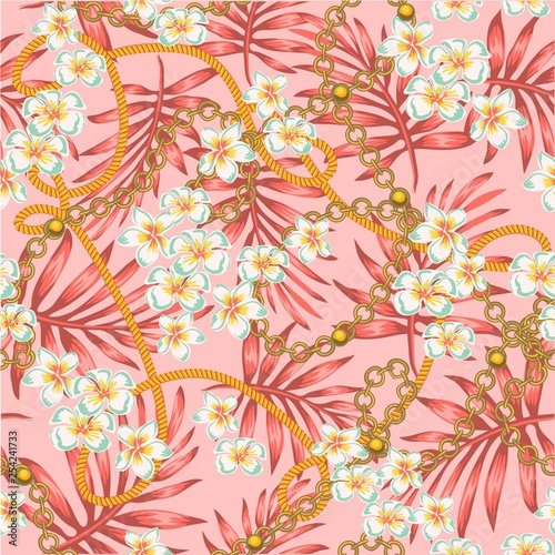 Luxurious, elegant pattern with fashionable accessories tropical flowers the splendor of the 80-ies in color live coral and turquoise seamless pattern with chains