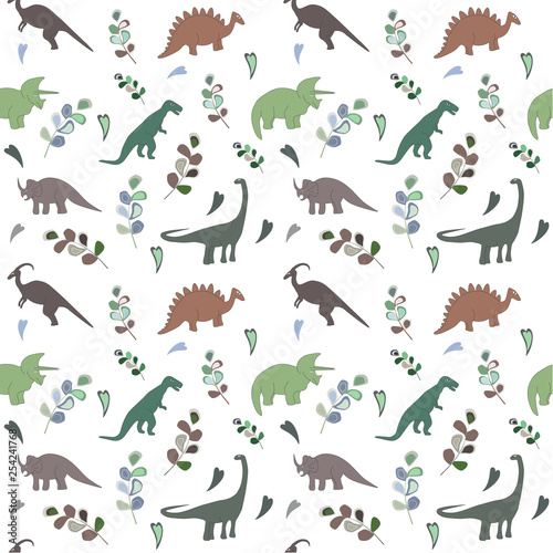 Fototapeta Naklejka Na Ścianę i Meble -  Seamless pattern with multicolors dinosaurs and bright leaf on the white background