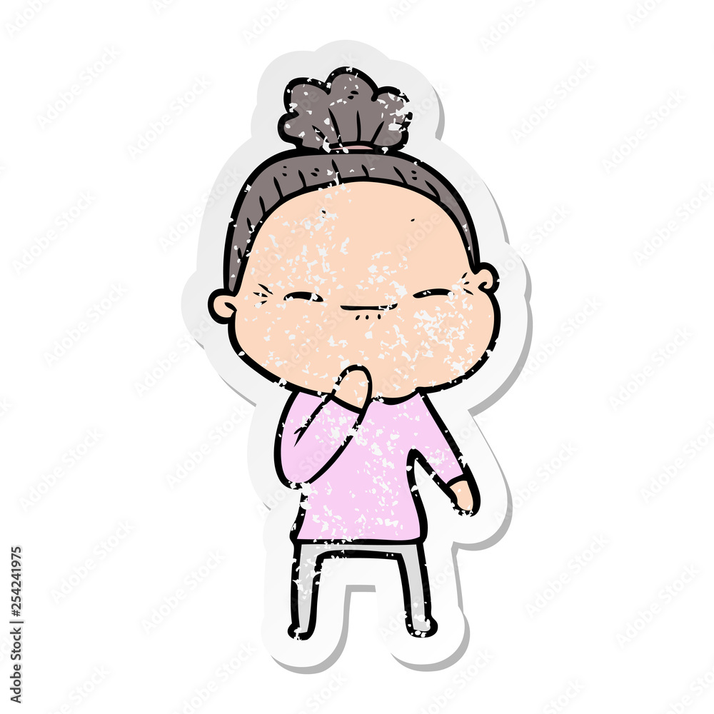 distressed sticker of a cartoon peaceful old woman distressed sticker of a cartoon peaceful old woman