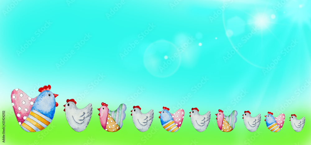 Funny Easter chickens. Watercolor painting. Funny Easter chickens. Watercolor painting.
