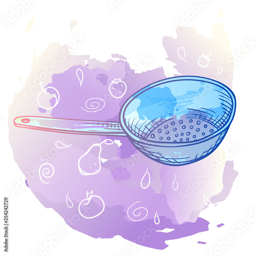 Colander with doodle elements. Imitation of watercolor stains.