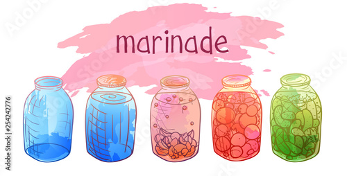 Set of marinade with doodle. Imitation of watercolor stains.