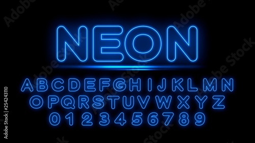 Blue neon letters of the English alphabet. Vector Illustration