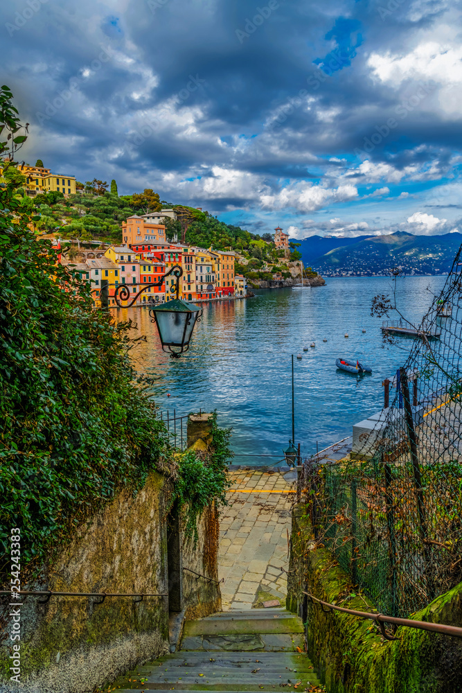 Panoramic view over the colorful houses and the bay of Portofino in Liguria, Italy