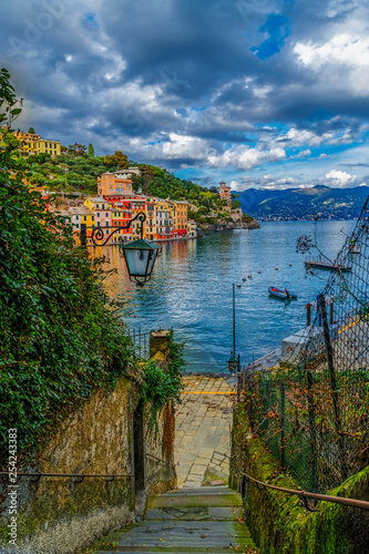 Panoramic view over the colorful houses and the bay of Portofino in Liguria  Italy