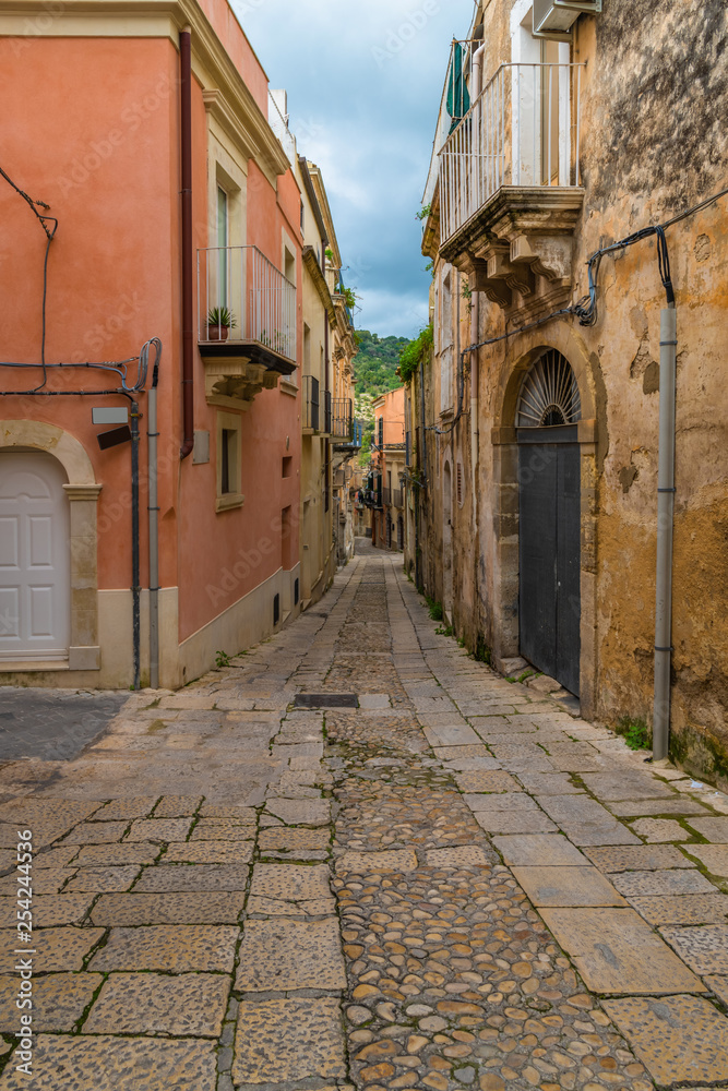 Street in the ancient baroque town of Ragusa, Sicily, italy