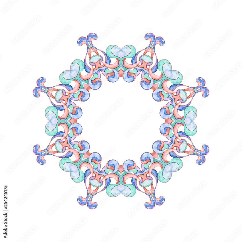 Obraz premium Elegant round had-drawn watercolor pattern frame of ethnic geometric motifs in art Nouveau style and medieval miniatures. Abstract elements in delicate and romantic shades of pink, green and blue