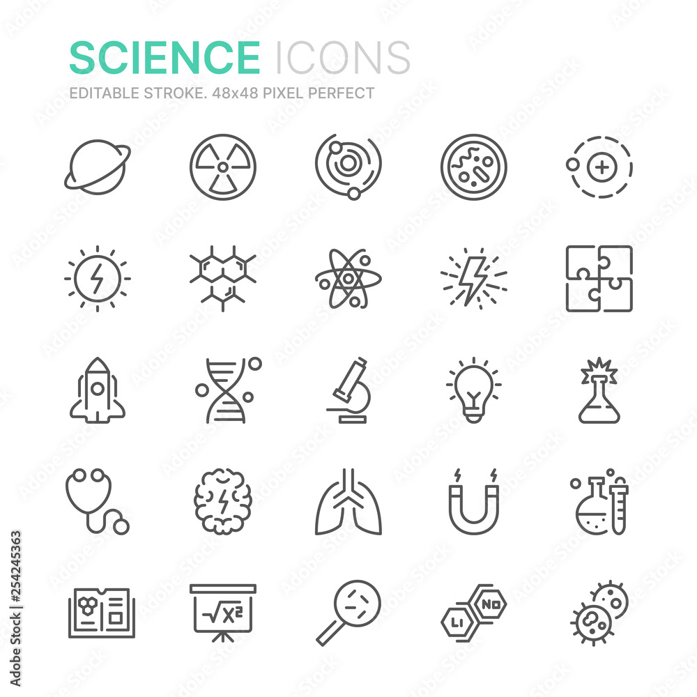 Collection of science line icons. 48x48 Pixel Perfect. Editable stroke Collection of science line icons. 48x48 Pixel Perfect. Editable stroke