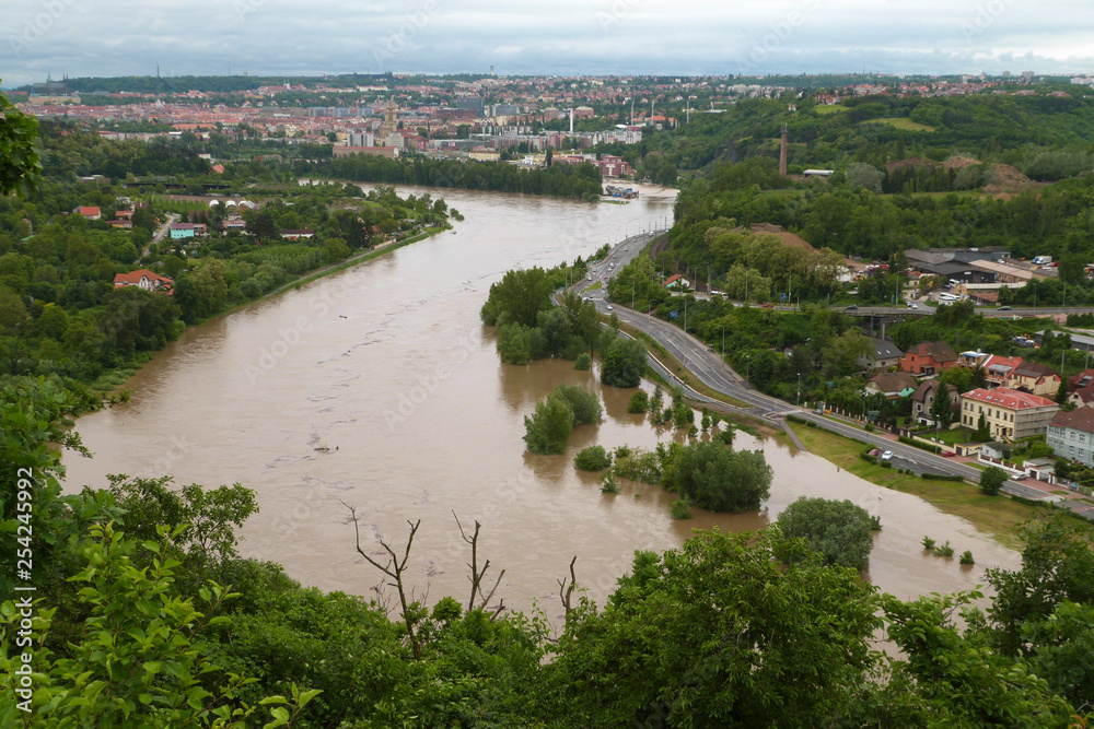 Flood in capital city Prague, Vltava River, Czech Republic