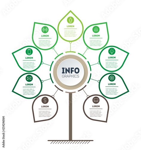 Vertical Green Timeline infographics with nine options. Tree of development and growth of the business. Time line of tendencies and trends graph. Eco Business concept with 9 steps, parts or processes.