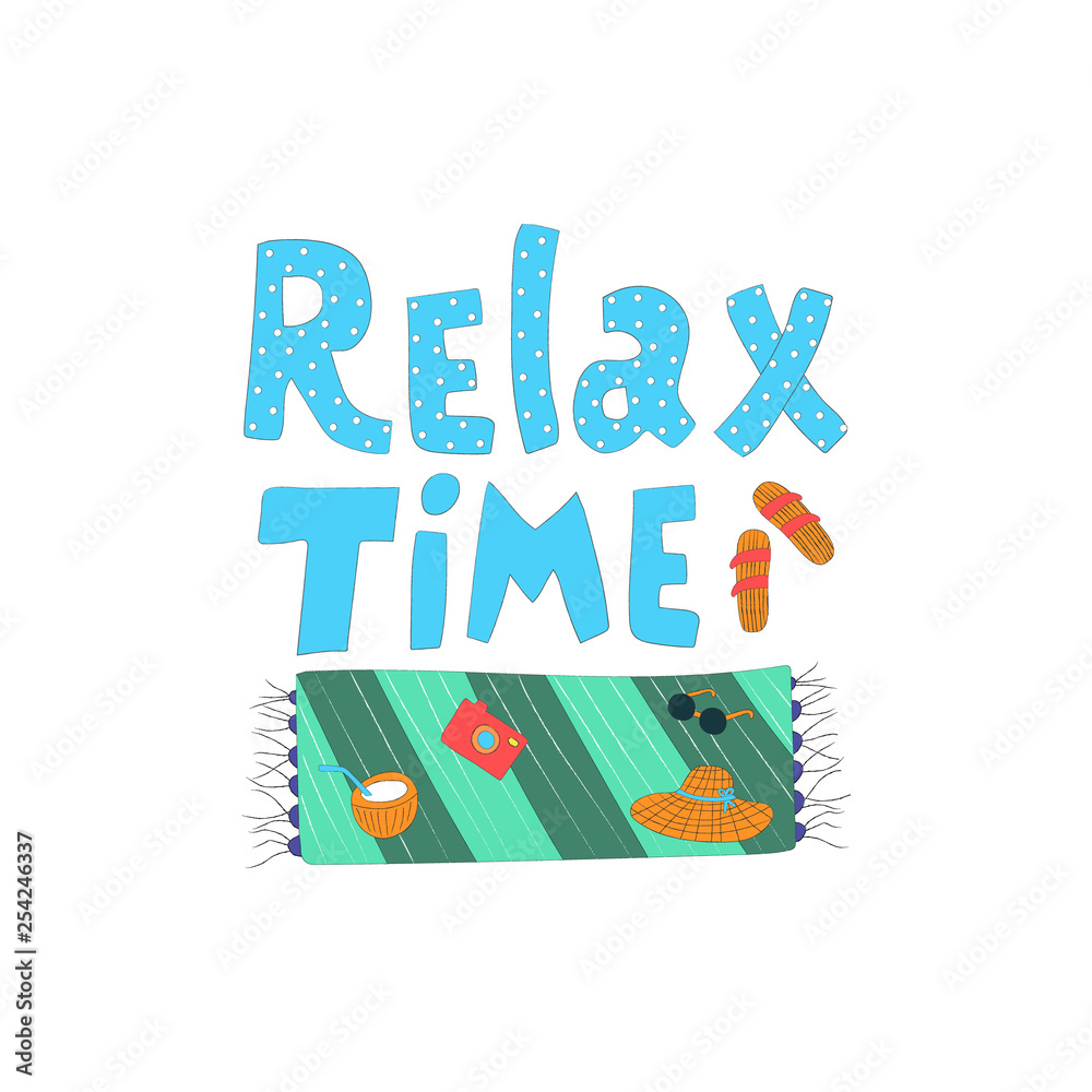 Cute hand drawn background with summer clipartl and lettering. Summer time concept. Background with lettering - Relax time. Vector illustration in hand drawn style.