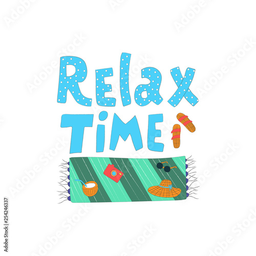 Cute hand drawn background with summer clipartl and lettering. Summer time concept. Background with lettering - Relax time. Vector illustration in hand drawn style.