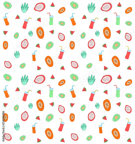 Fototapeta Naklejka Na Ścianę i Meble -  Hand drawn seamless background with fresh fruits and juices. Healthy food concept. Vector illustration
